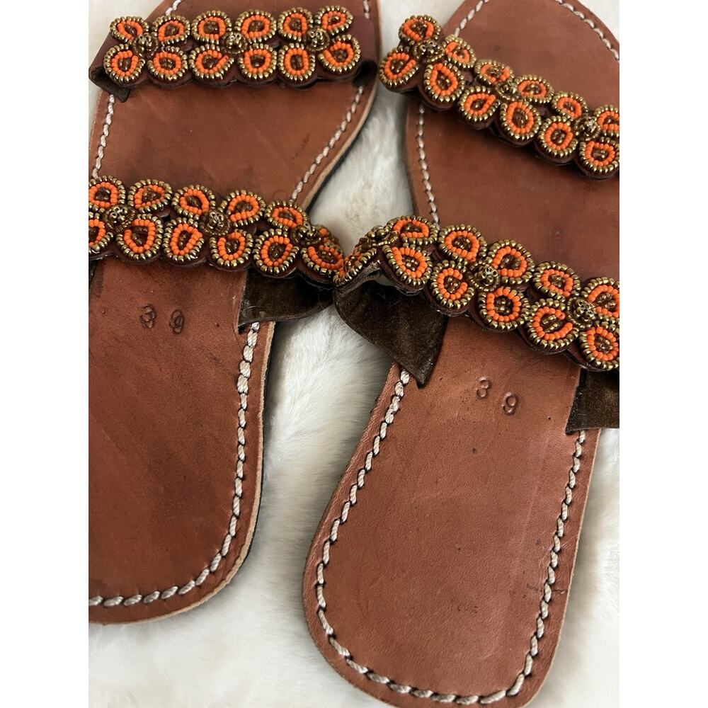 African Beaded Leather Sandals Womens EU Size 39 USA 8.5 - Picture 3 of 7